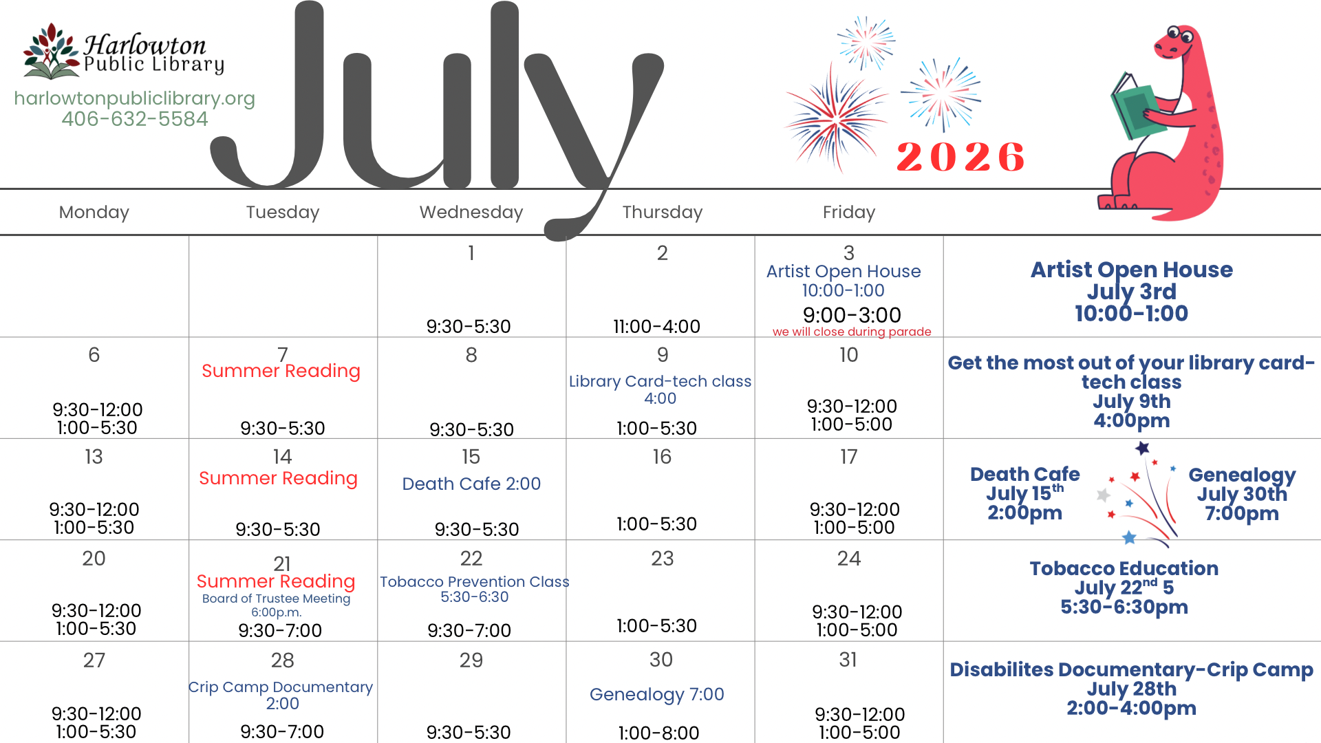 July 2026 Monthly Calendar (Calendar) july events calendar at the harlowton public library